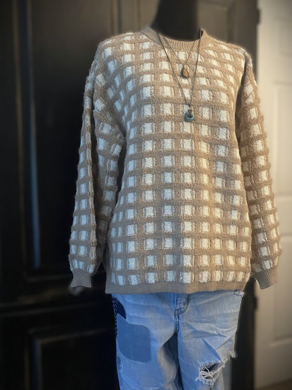 BUTTERMELON Oversized Knit Sweater | Tan and Off-White Checkered Top | Size S